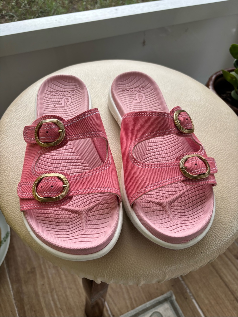 Women's Pink Dual-Buckle Slide Sandals — Comfort Footbed
